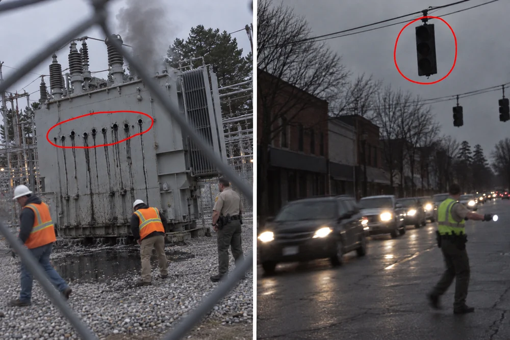 Two news photos side by side: a giant transformer behind a substation fence, oil running from a row of bullet holes and smoke rising from its top, circled in red; a small-town crossroads at dusk with every window dark, a dead traffic light circled in red and a deputy waving cars through
