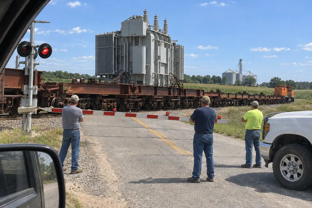 A giant transformer the size of a house crawling through a rural railroad crossing on a long special rail car, men by their pickups watching