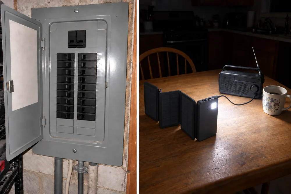 Two photos side by side: the home's main breaker switched off; the dark kitchen table lit by the square LED light on the back of a TerraCell standing open on the table, an old radio plugged into it