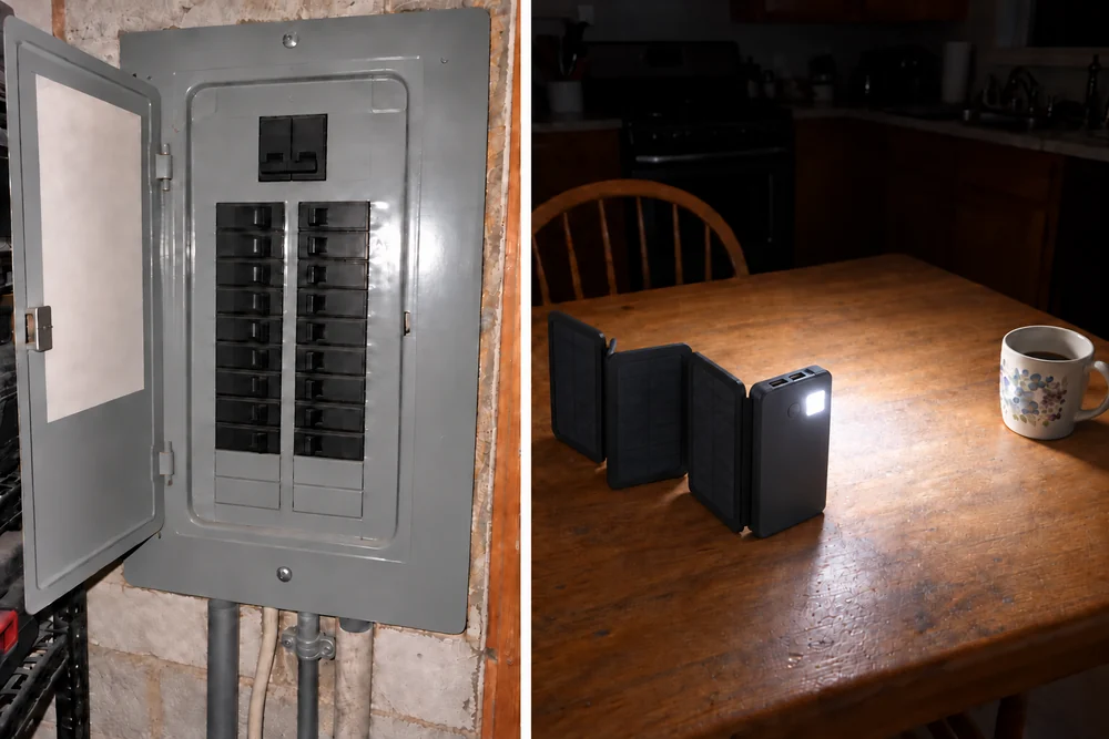 Two photos side by side: the home's main breaker switched off; the dark kitchen table lit by the square LED light on the back of a TerraCell standing open on the table, a coffee mug beside it