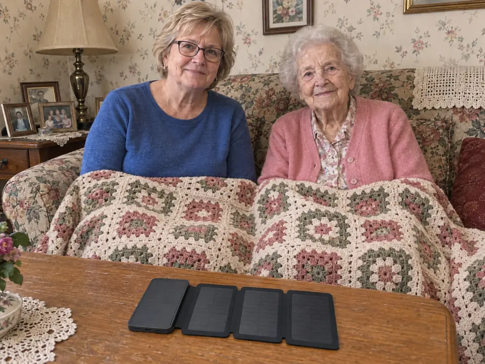 Shirley beside her mother on a floral couch under a crocheted blanket, a TerraCell open on the coffee table in front of them