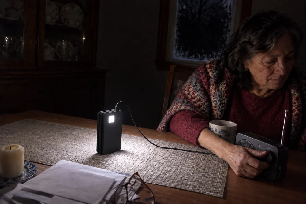 Joyce at her dining table at night with the power out, her folded TerraCell standing on the table, the square LED light on its back lighting the table, her radio plugged into it