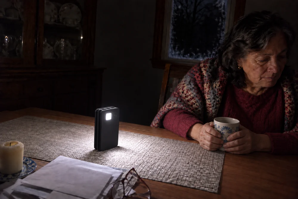 Joyce at her dining table at night with the power out, her folded TerraCell standing on the table, the square LED light on its back lighting the table and her hands around her mug