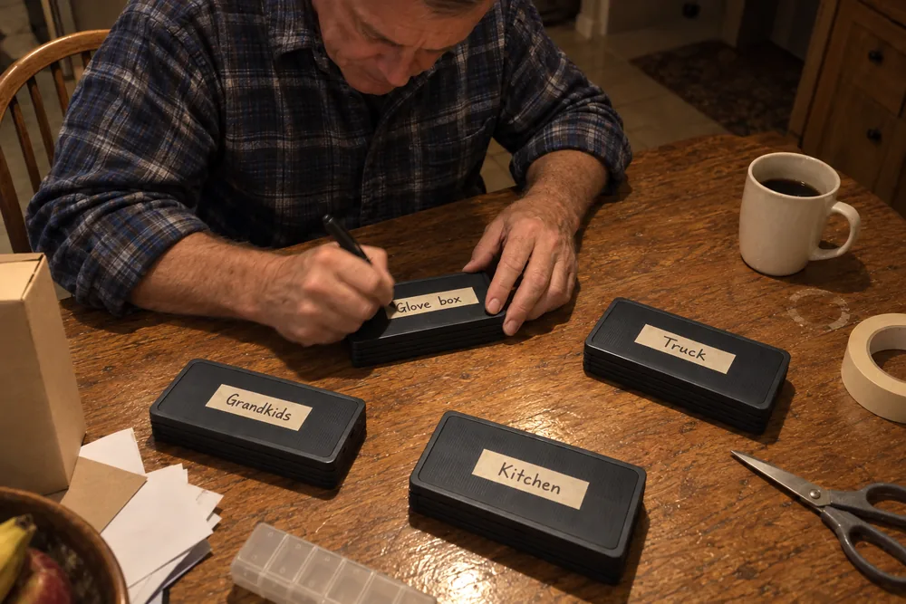 Doug at his kitchen table writing Glove box on a strip of masking tape on a folded TerraCell, three more beside him labelled Grandkids, Kitchen and Truck