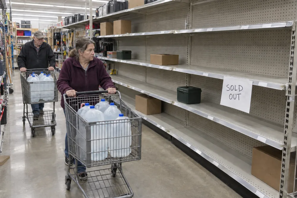 A hardware store aisle with the lantern, flashlight and battery shelves nearly bare and a hand-written SOLD OUT sign, shoppers with water jugs in their carts