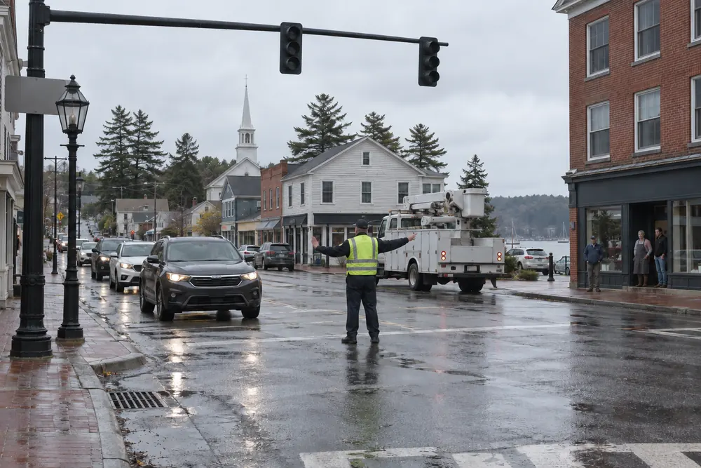 A dark traffic light over a small New England main street in a power outage, a police officer directing cars by hand, shop owners standing in their dark doorways