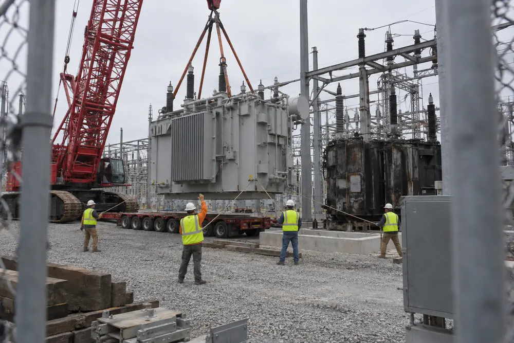 A crane lowering a huge new transformer onto its pad in a substation, a crew holding the guide ropes, the burned-out old transformer beside it