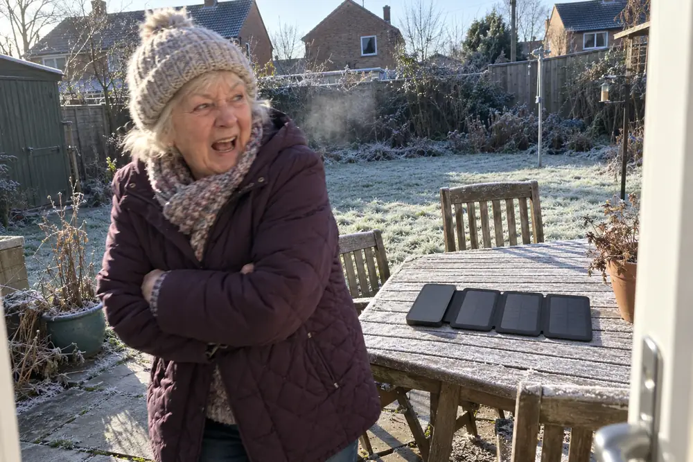 TerraCell open on a frosty garden table in the sun during a power cut