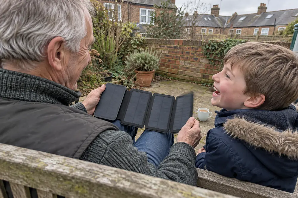 A grandfather opening a TerraCell like a book for his grandson