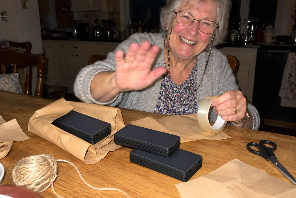 Joyce laughing as she wraps TerraCells for her daughters