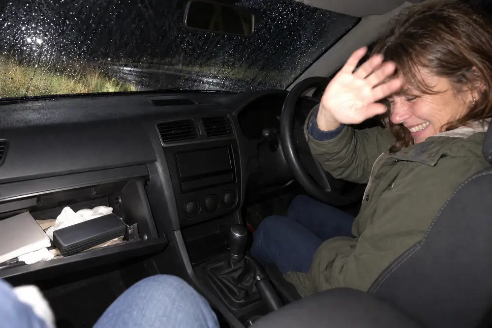 TerraCell kept in the car glovebox on a dark, rainy night