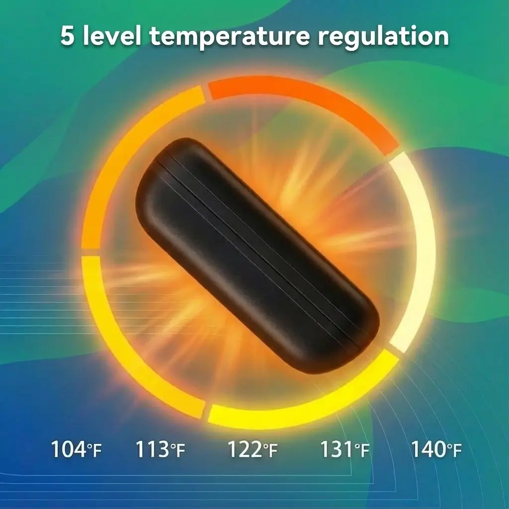 A card: 5 level temperature regulation, 104°F 113°F 122°F 131°F 140°F, around a glowing black Mag-Split