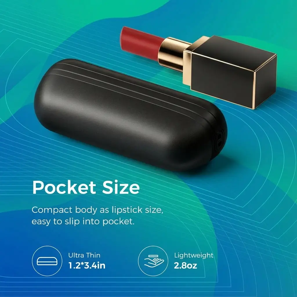 Pocket Size: compact body as lipstick size, easy to slip into pocket. Ultra Thin 1.2*3.4in, Lightweight 2.8oz; the black warmer beside a lipstick
