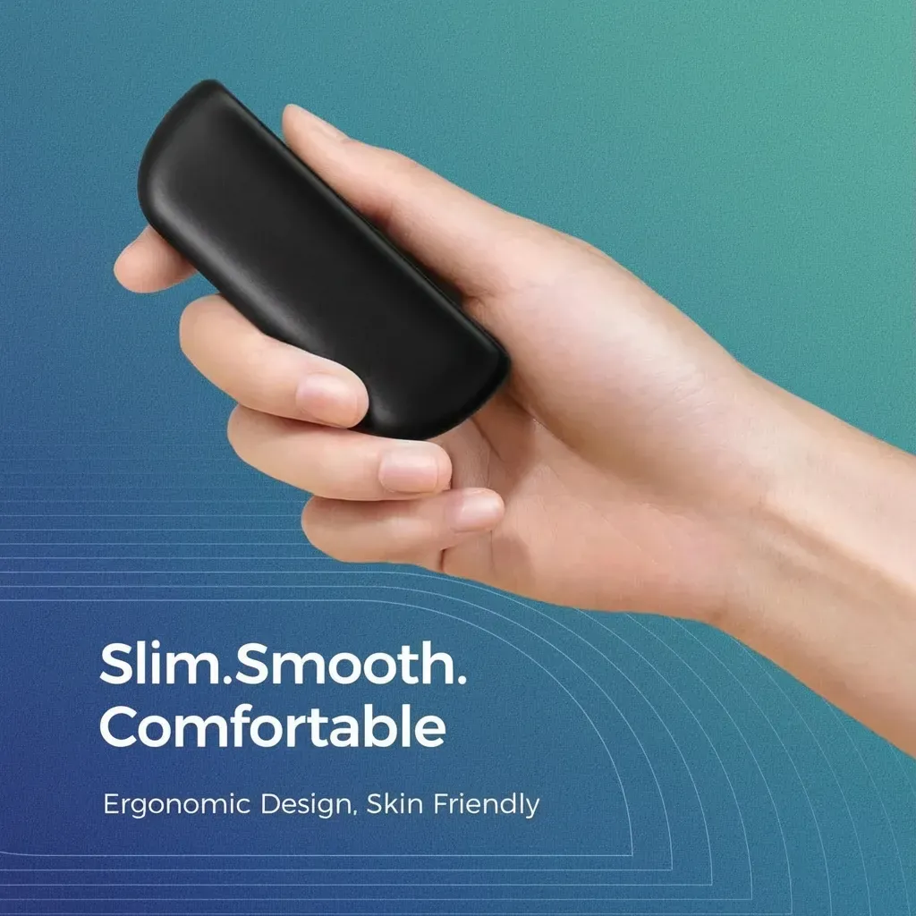 Slim. Smooth. Comfortable. Ergonomic Design, Skin Friendly; a hand holding the warmer