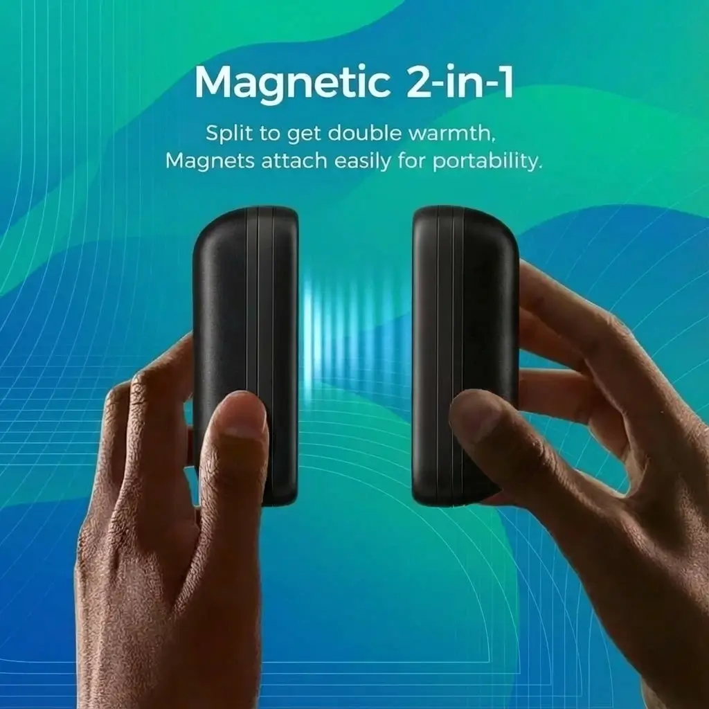 Magnetic 2-in-1: split to get double warmth, magnets attach easily for portability; two hands pulling the halves apart