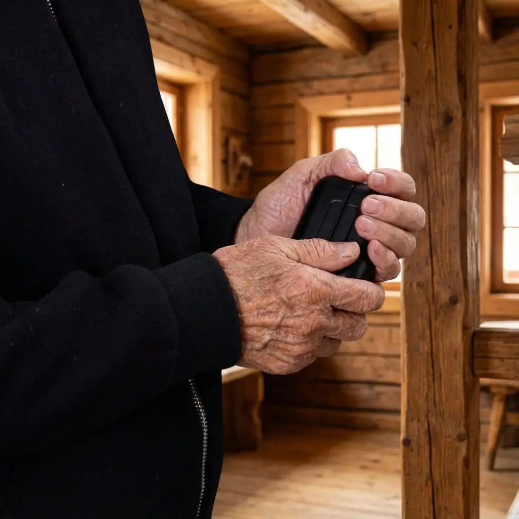 An old man's hands holding the warmer in a log cabin