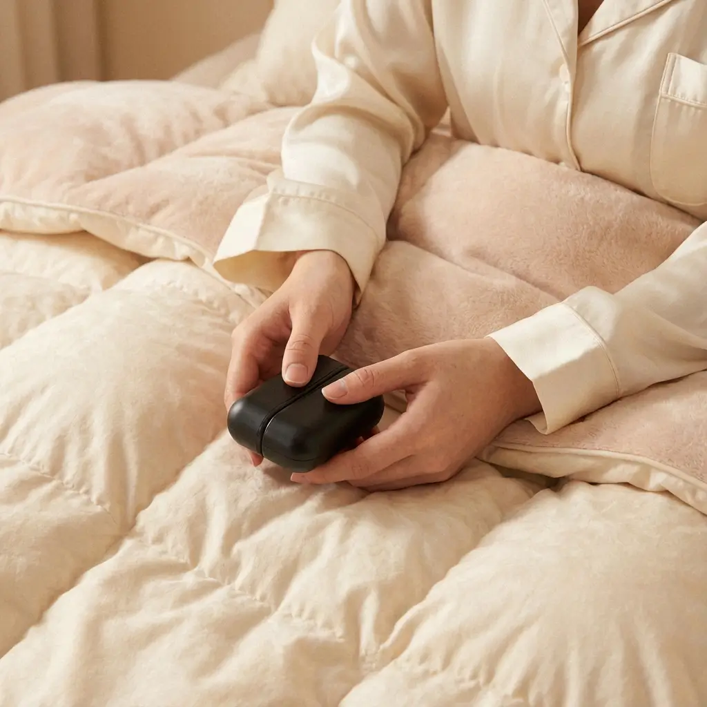 A woman in bed holding the warmer on her quilt