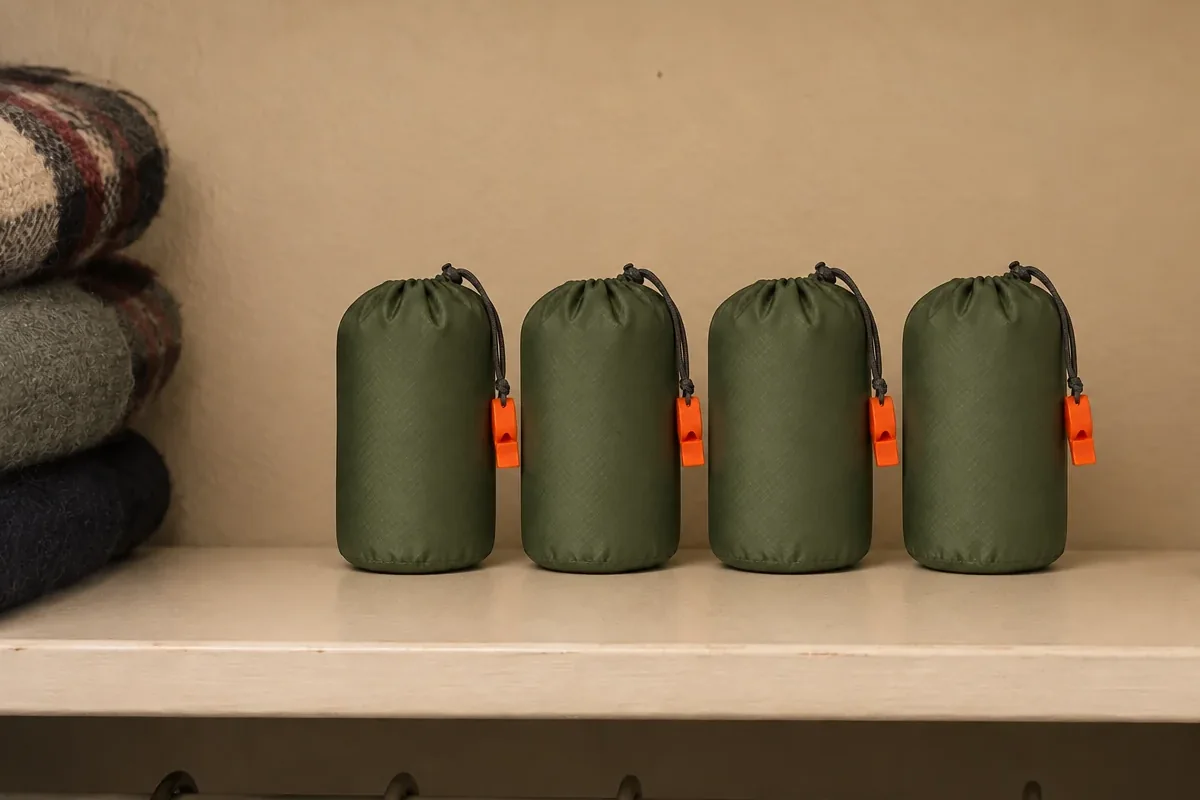 Four packed TerraShells on a hall closet shelf beside folded blankets