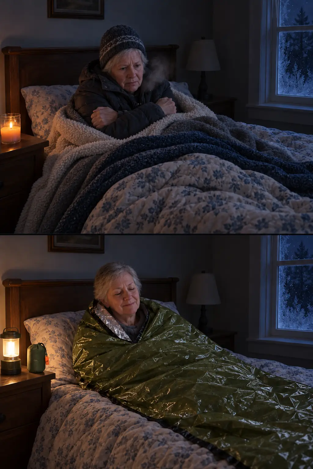 Top: a woman shivers in bed in a coat and hat under a pile of blankets on a night with no power. Bottom: the same woman the next night, warm and calm inside a TerraShell