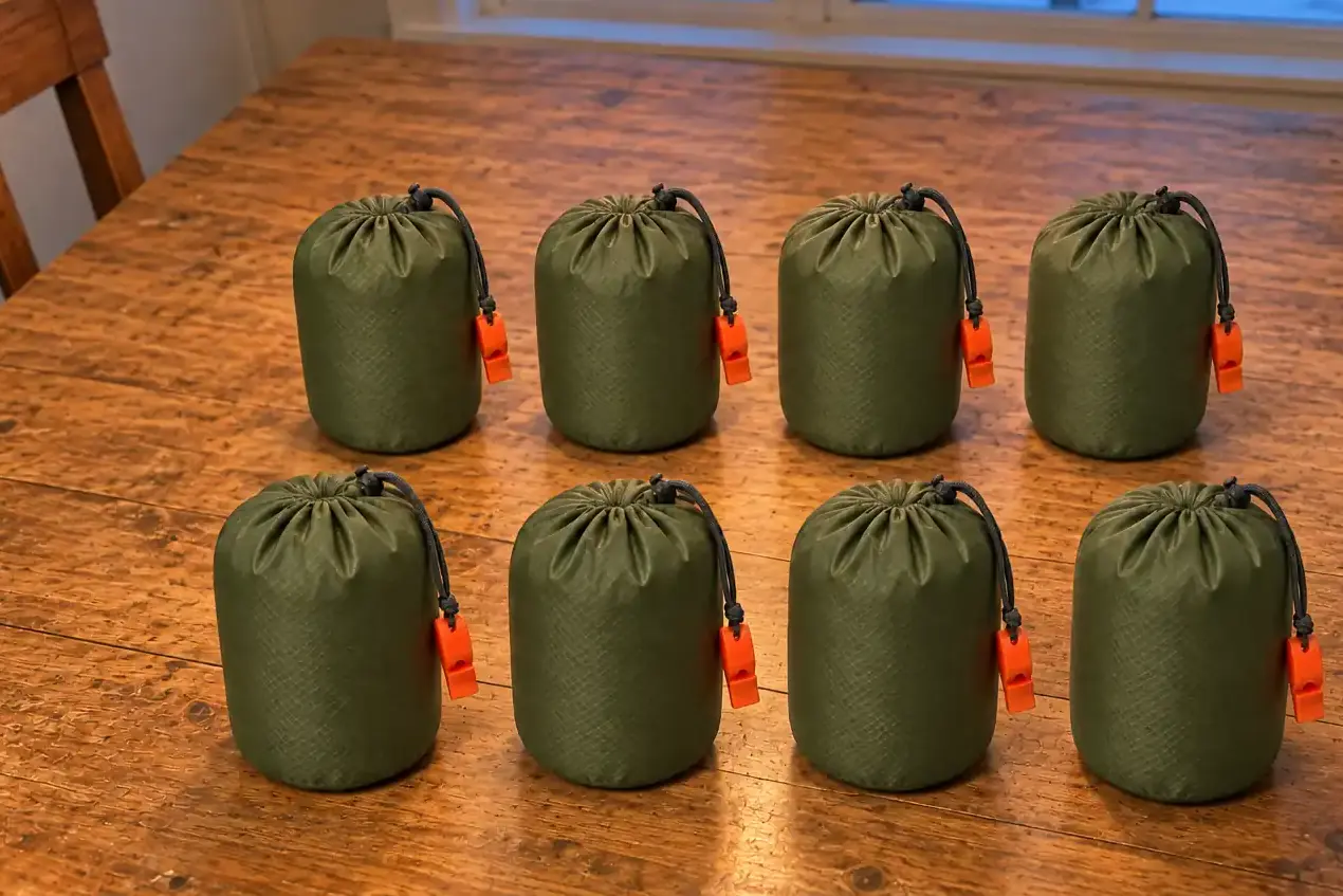 Eight packed TerraShells standing on a kitchen table at winter dusk