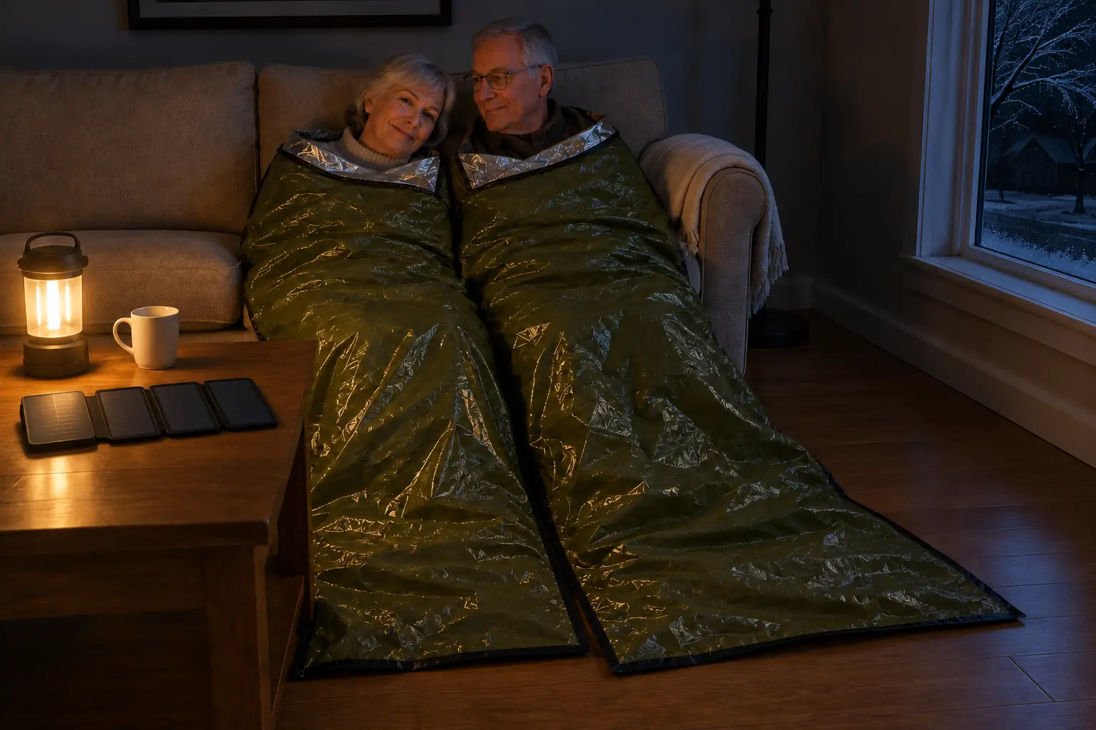 A couple sits warm on their couch during a winter power outage, each inside their own TerraShell, with a lantern and a TerraCell on the coffee table