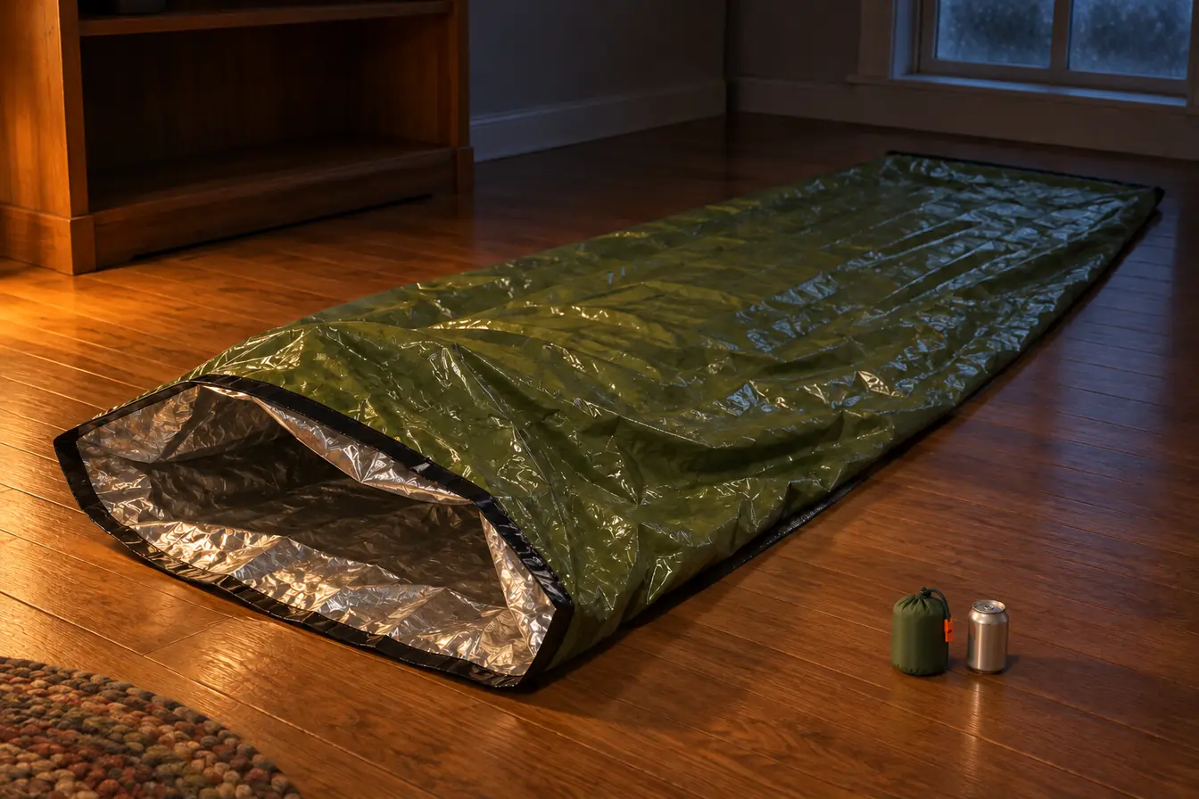 An opened TerraShell lying full length on a wooden floor with its silver-lined opening toward the camera, and the packed TerraShell sack beside a soda can in front of it