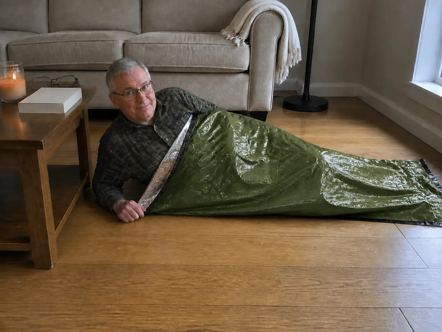 A big man in his sixties lies inside a TerraShell on his living-room floor, propped on one elbow