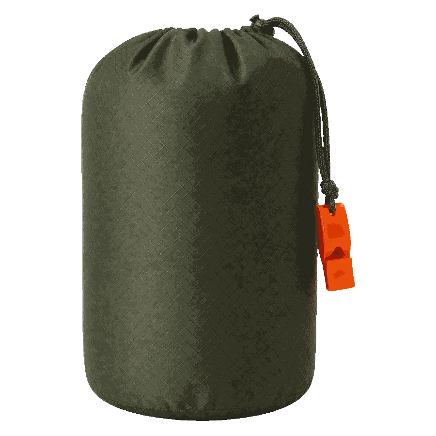 A packed TerraShell: a small olive-green sack with a black drawcord and an orange whistle