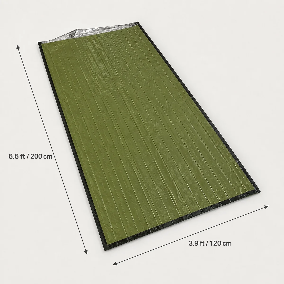 An opened TerraShell laid flat: 6.6 feet (200 cm) long and 3.9 feet (120 cm) wide