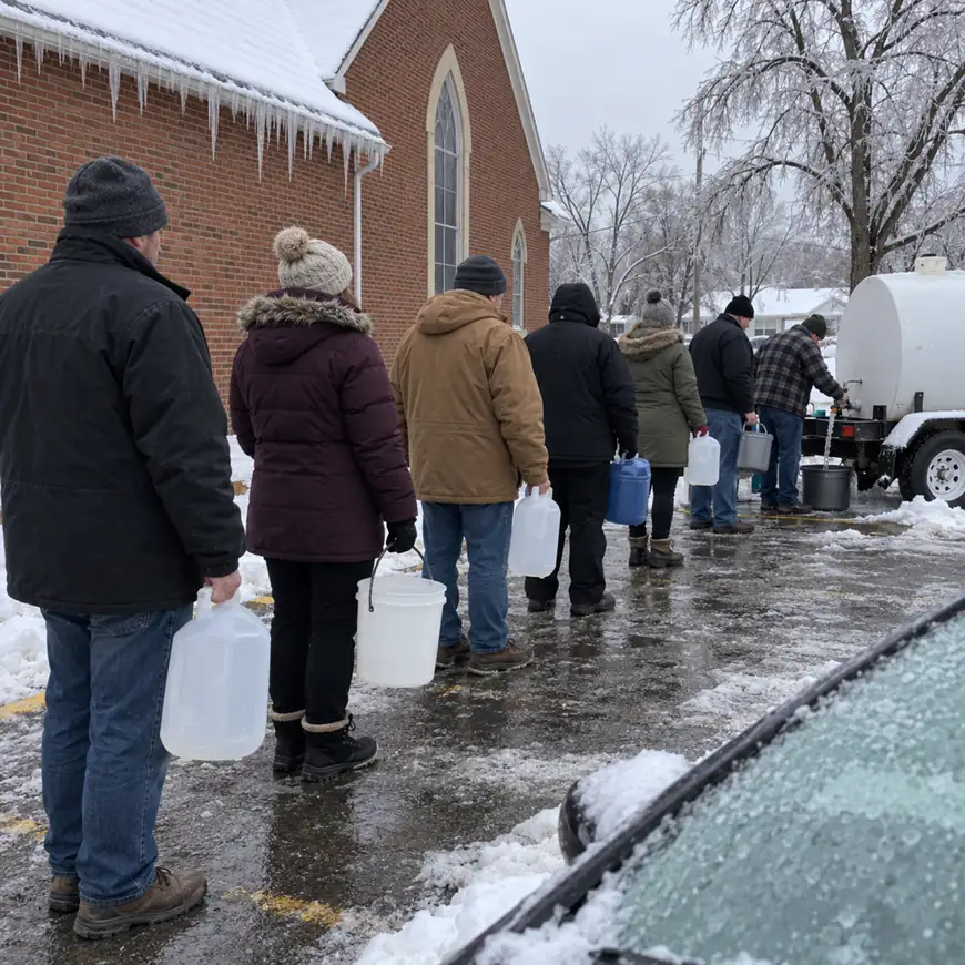 Neighbors line up with empty jugs on an icy sidewalk