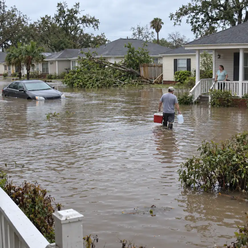 A man wades down a flooded street of houses