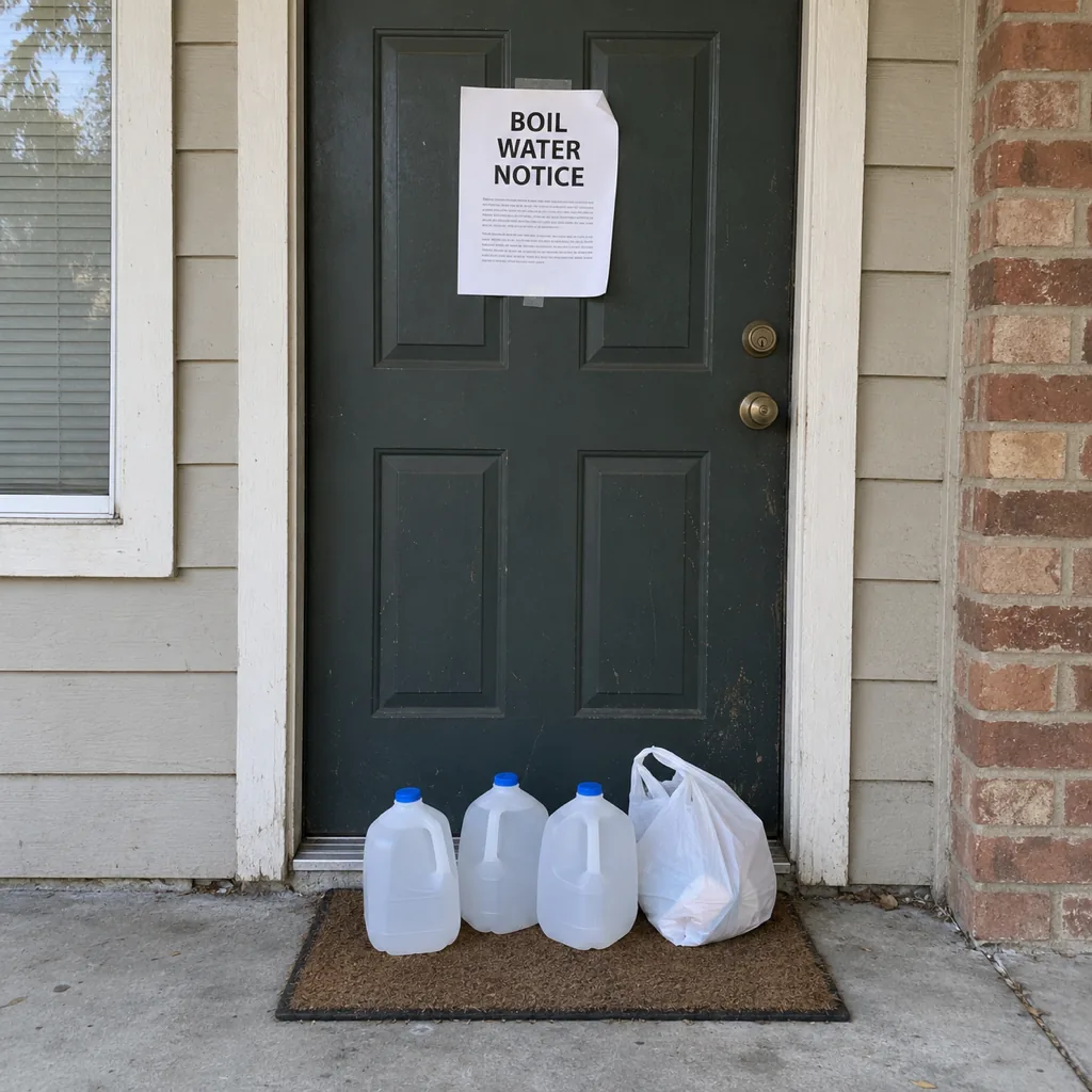 A boil water notice taped to an apartment door