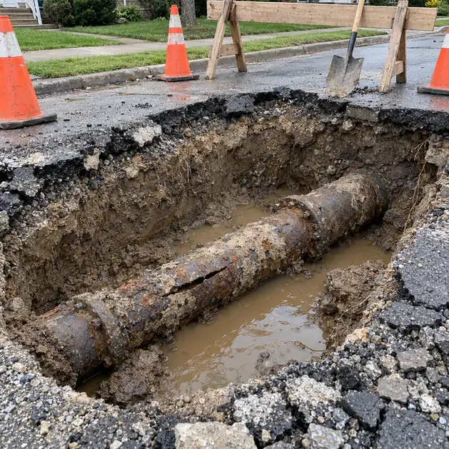 A split, rusted water main in a flooded street trench