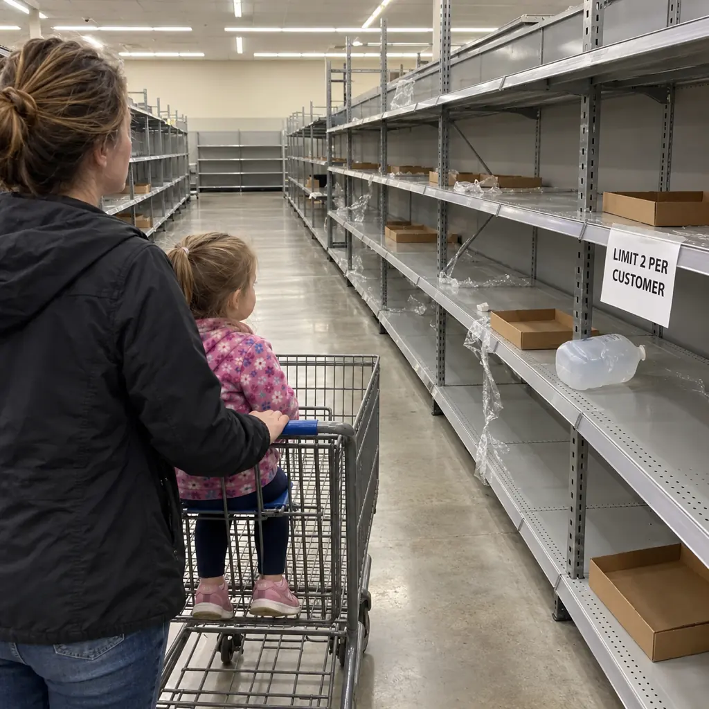A mother and her daughter by an empty water aisle