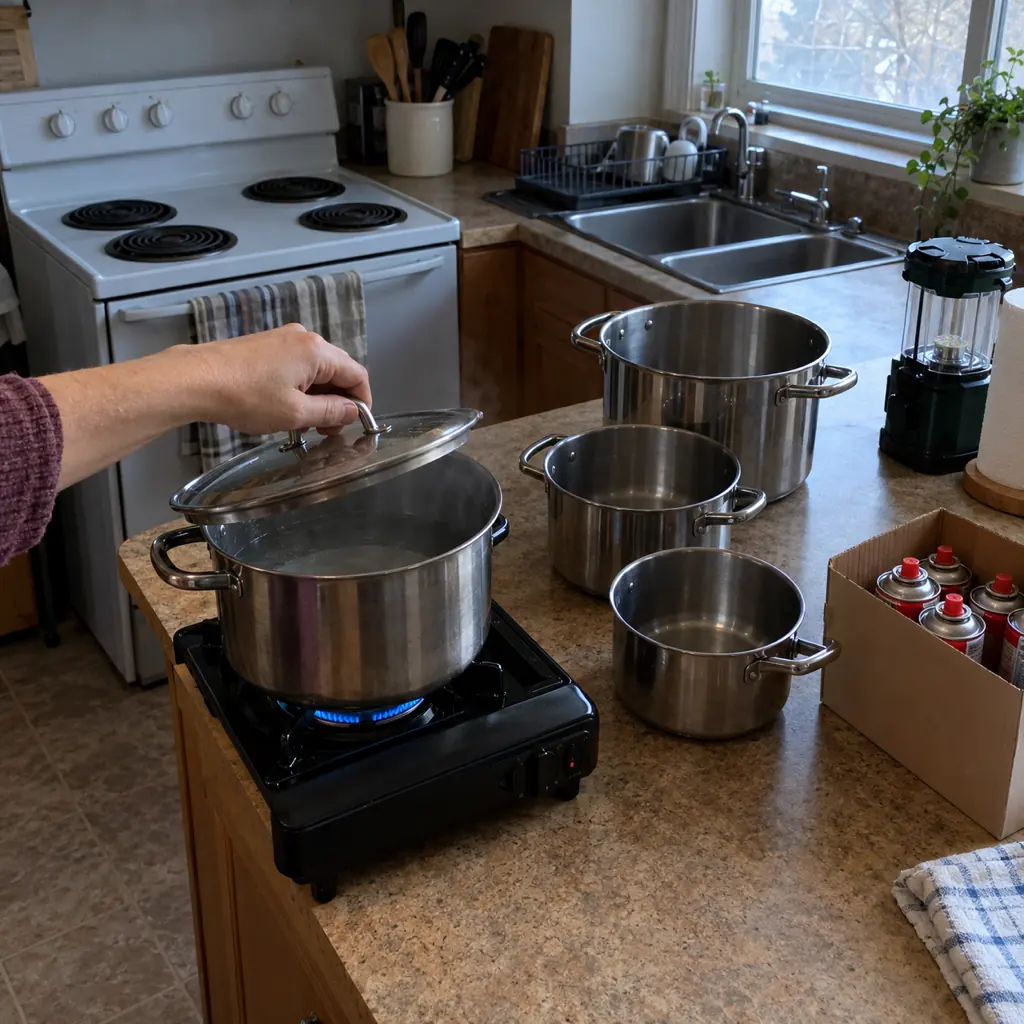 Boiling pot after pot on a camp stove