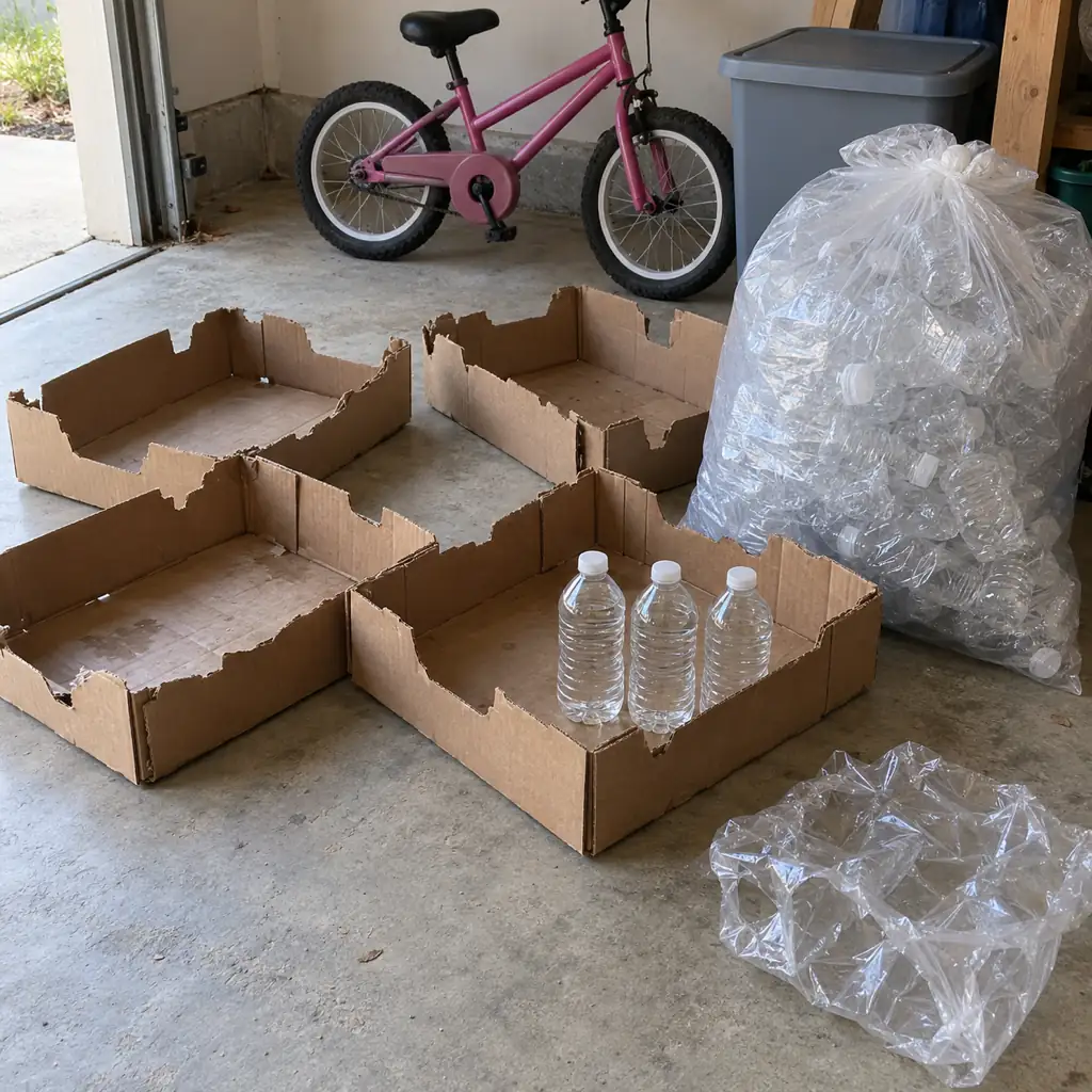 Empty bottled-water cases in a garage