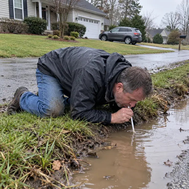 A man kneeling to suck puddle water through a pocket filter