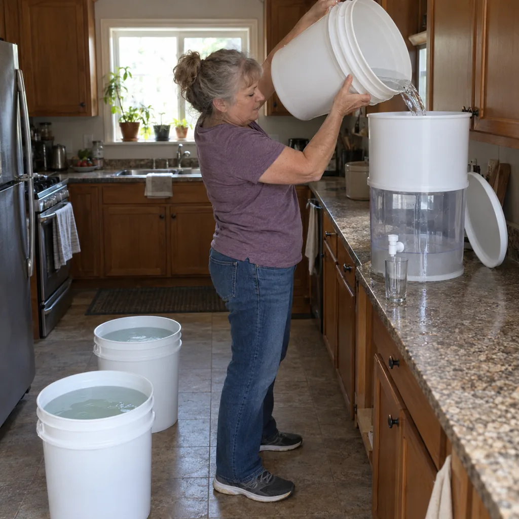 A woman lifts a heavy bucket to fill a countertop filter's top tank
