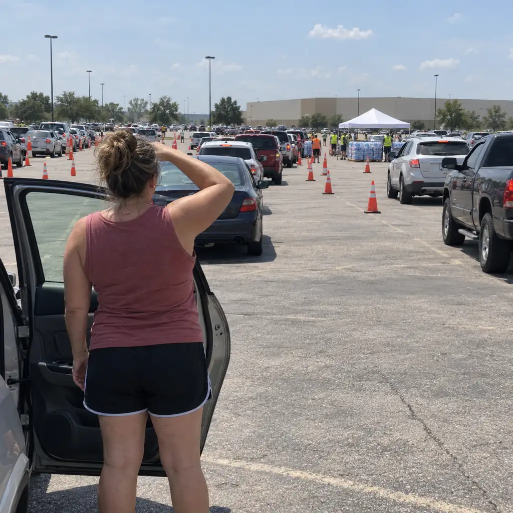 A long line of cars at a water handout