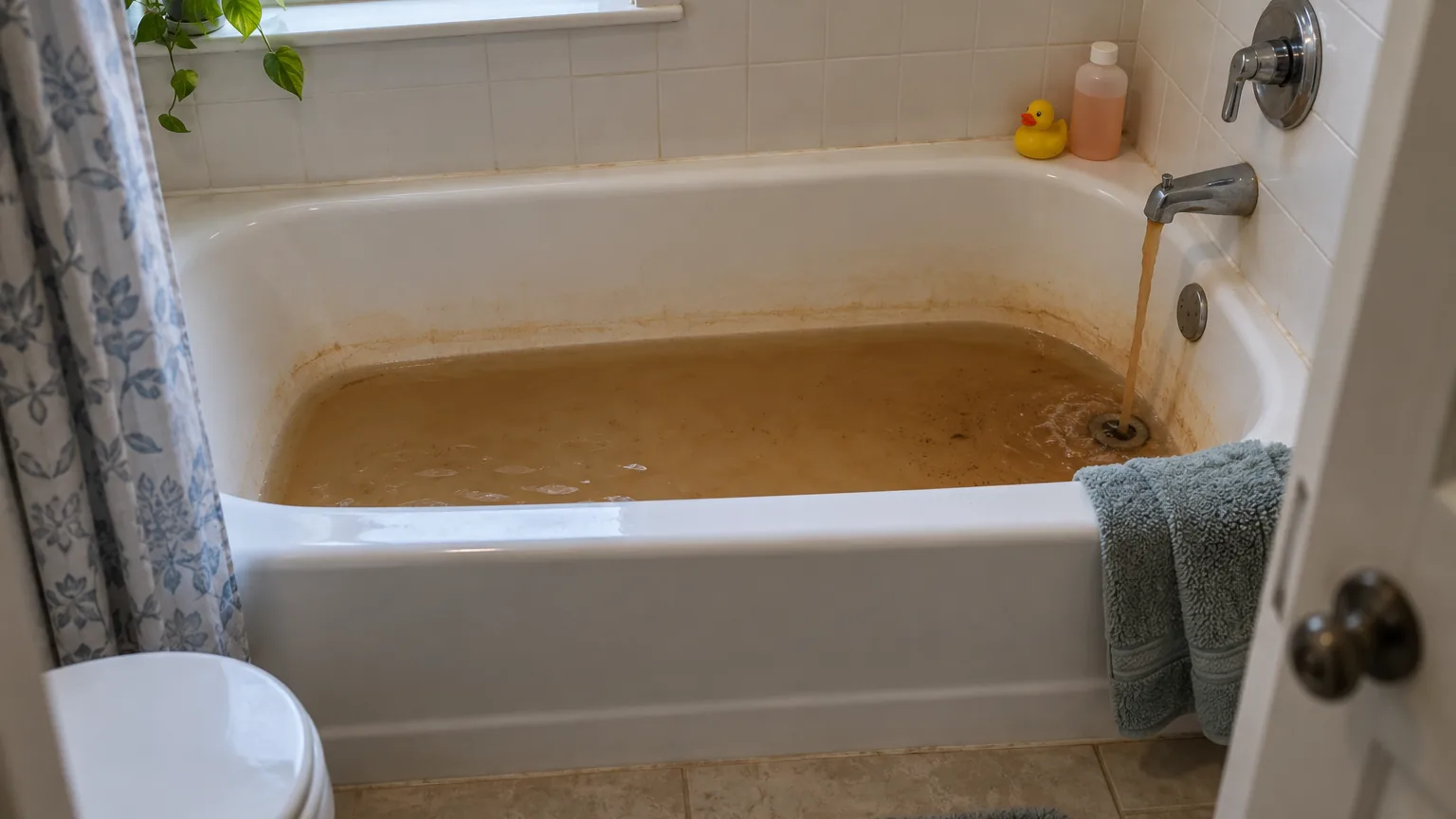 Waiting: brown water runs from the tap into a stained bathtub
