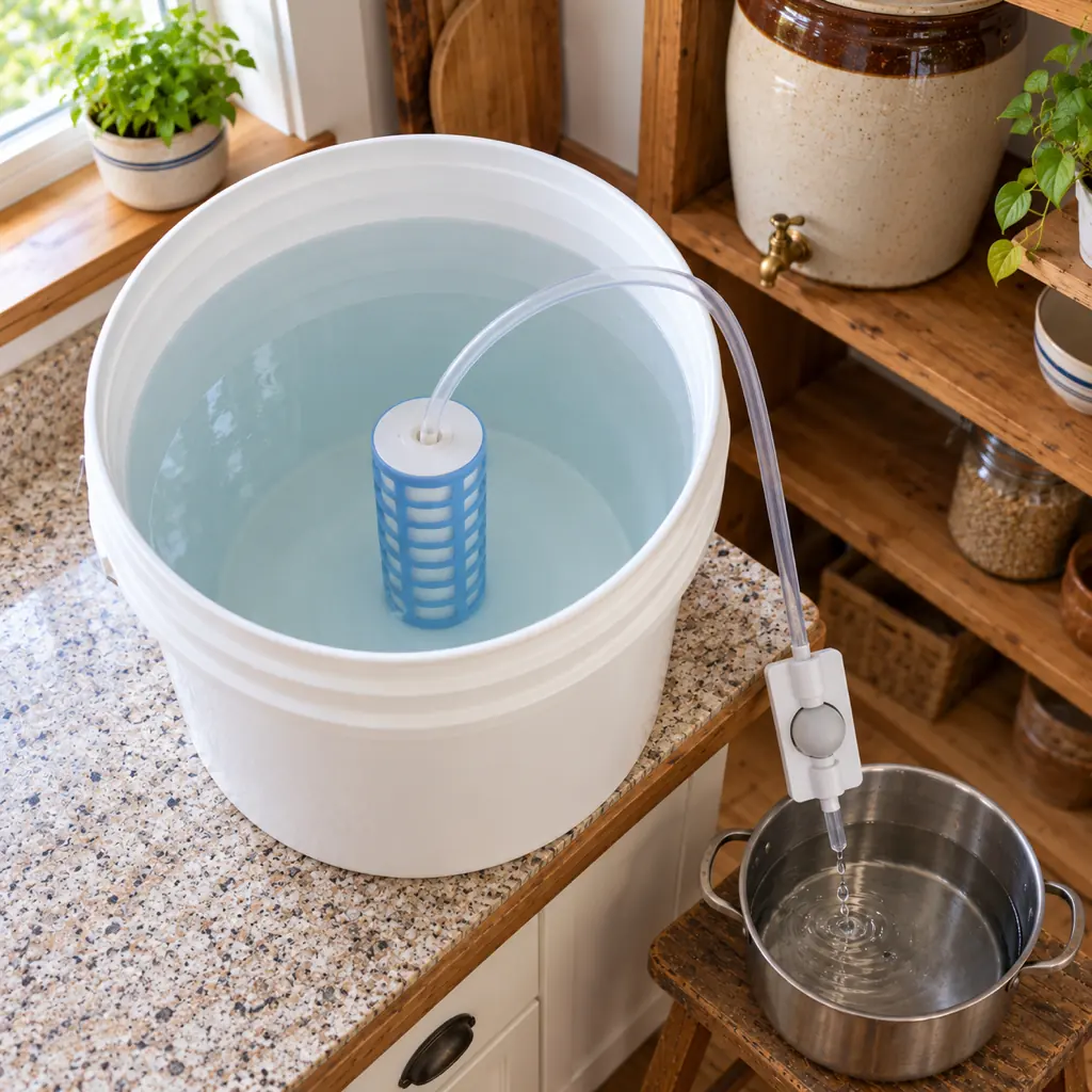 An old clay water crock on the shelf, TerraPore AutoSiphon in a bucket below