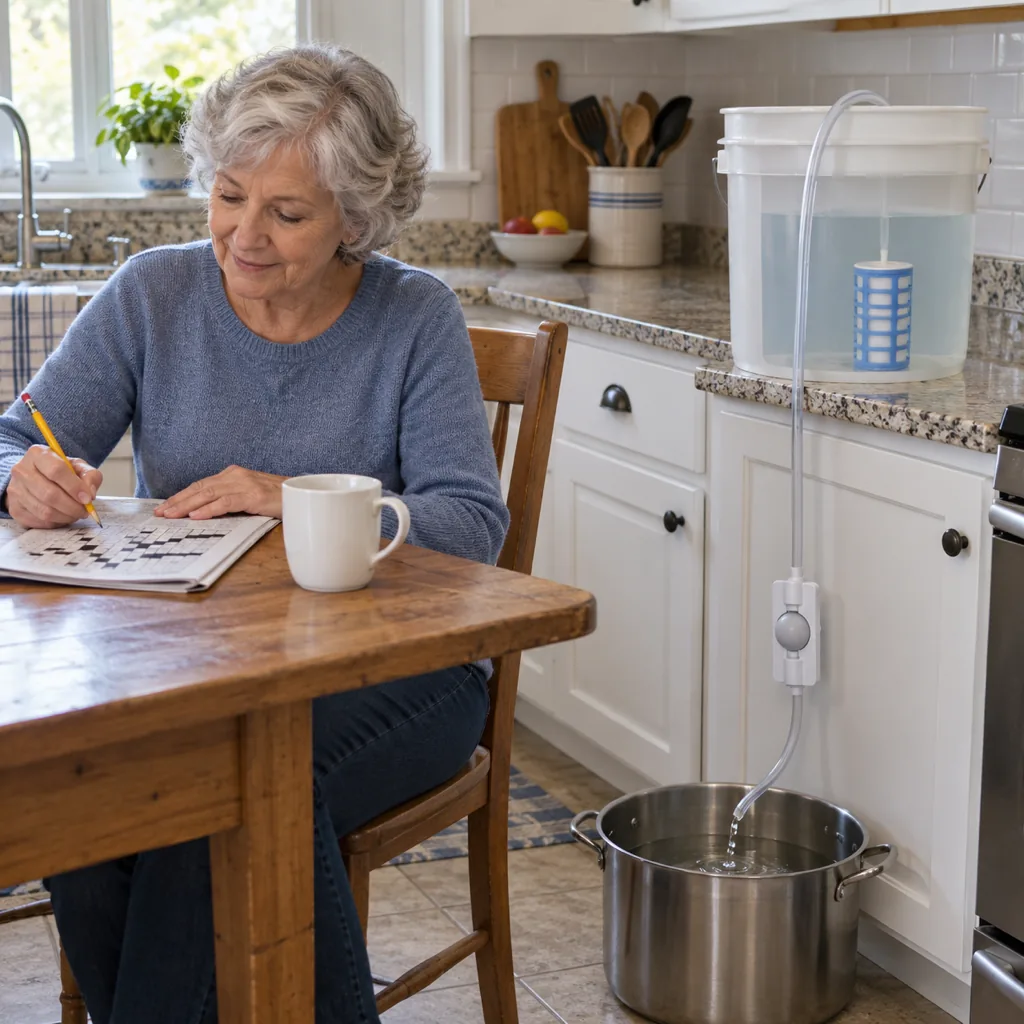 She sits at the table while the pot fills from the bucket behind her