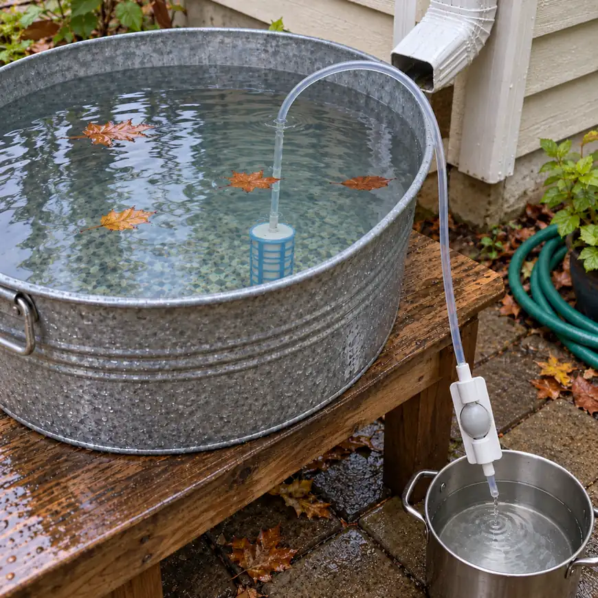 TerraPore AutoSiphon in a tub of rainwater, a pot filling below