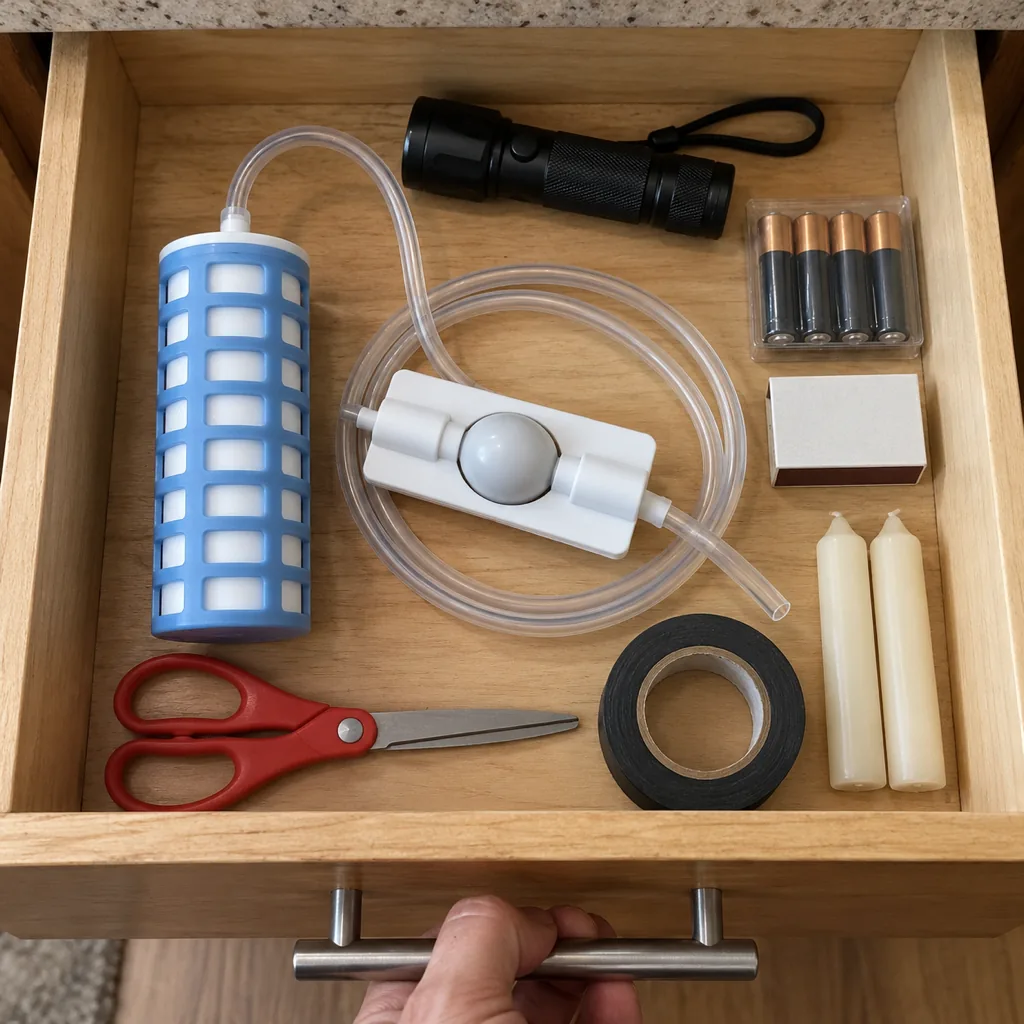TerraPore AutoSiphon in a kitchen drawer with a flashlight and candles