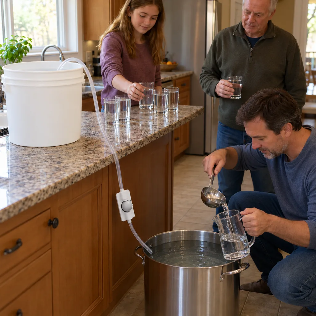 A father fills a pitcher from the pot while the family waits with glasses