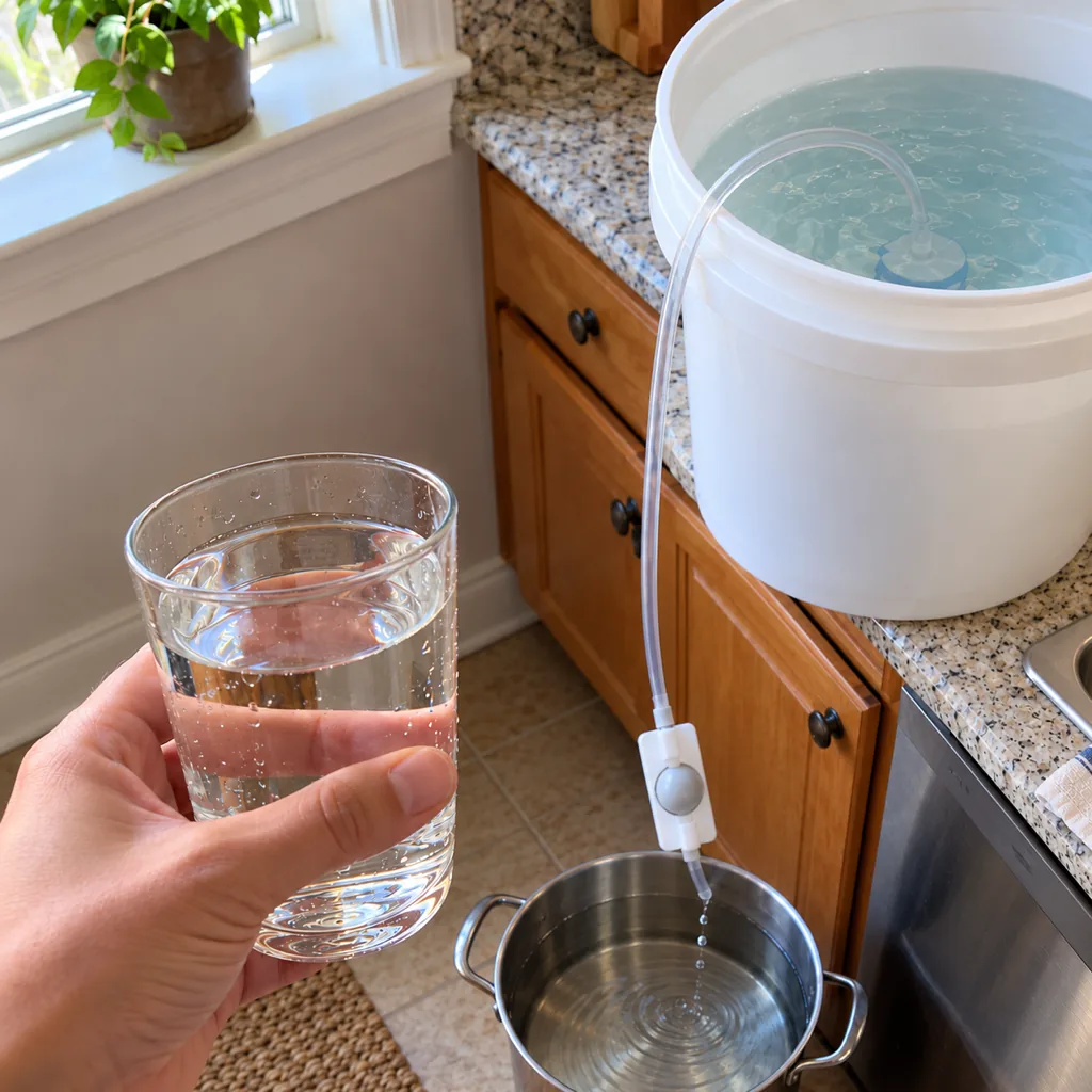 A glass of clear water dipped from the pot