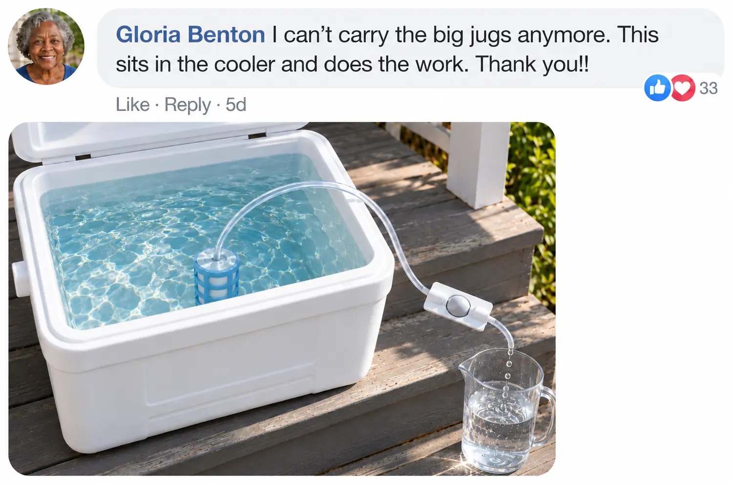 Customer comment from Gloria Benton, with her photo of the filter in a cooler (sample)
