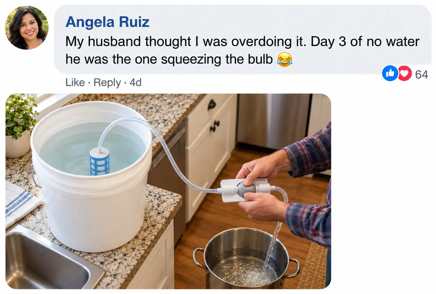 Customer comment from Angela Ruiz, with her husband squeezing the bulb (sample)