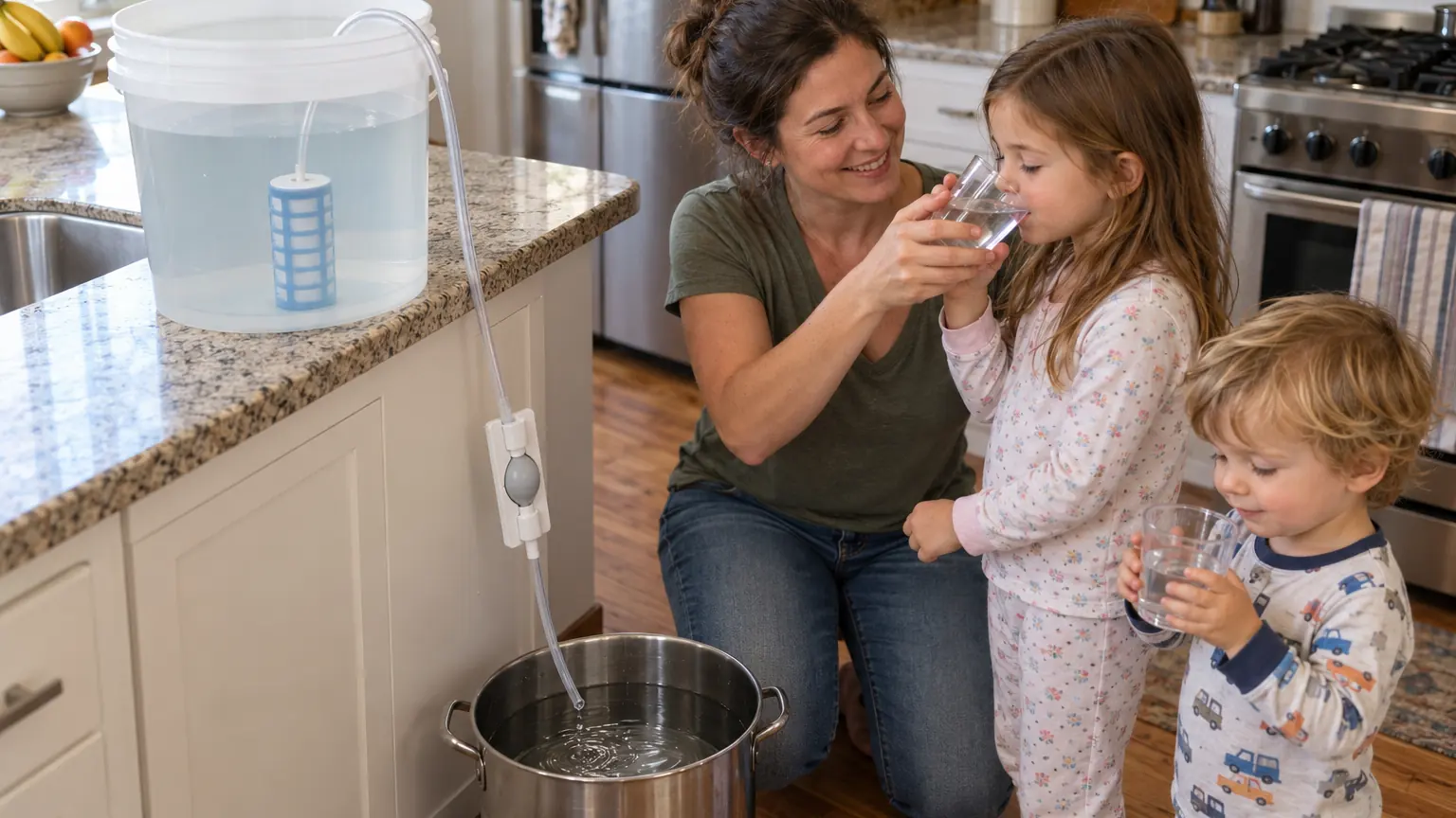 Ready: a mother hands her daughter a cup of clean water from the pot