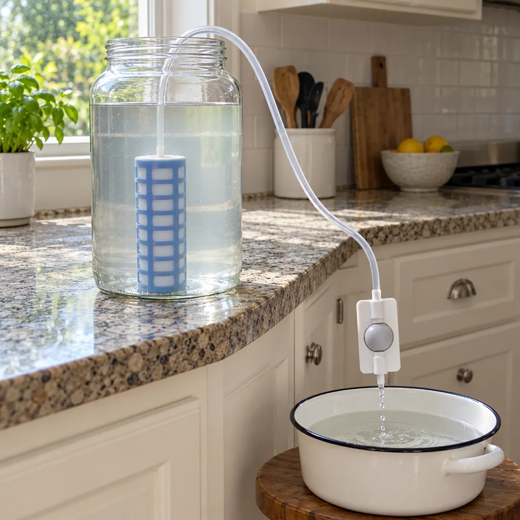 TerraPore AutoSiphon in a glass jar of stored water, dripping into a pot below